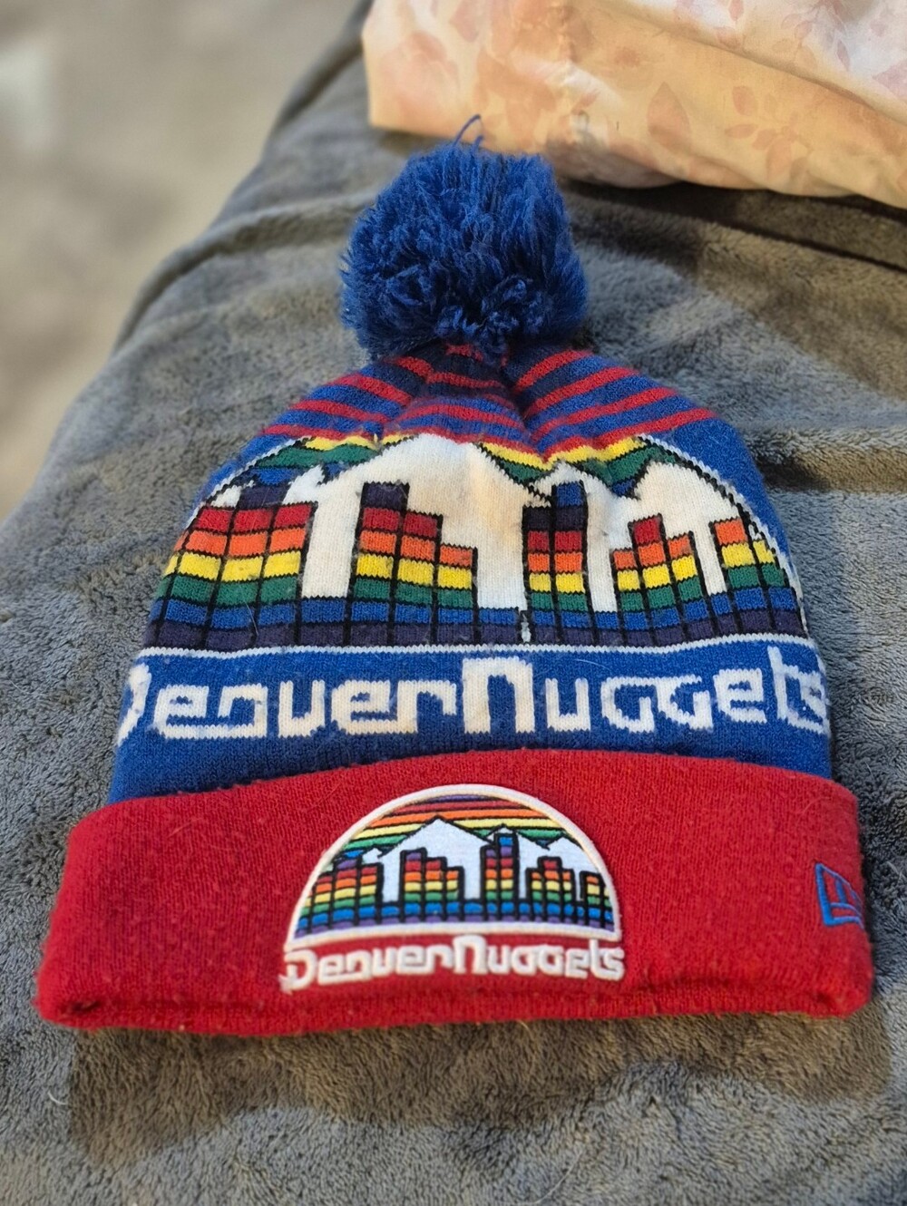 Denver Nuggets New Era Hardwood Classics Youth Pom Beanie Rainbow Skyline NBA
